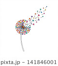 Hand-drawn line art illustration of a dandelion with colorful heart-shaped seeds blowing away in the wind on a white background. 141846001