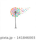 Stylized vector dandelion illustration with a straight black stem, colorful heart-shaped seeds, and scattered hearts blowing in the wind. 141846003