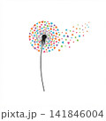 Minimalist vector graphic of a dandelion with a thin curved stem, a black center, and colorful heart-shaped seeds blowing to the right. 141846004