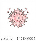 Pink celestial illustration featuring a central sun with wavy rays, a crescent moon, a star, and four small butterflies on a white background. 141846005