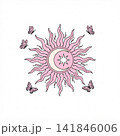 Pink celestial illustration of a wavy sun containing a crescent moon and star, surrounded by four detailed butterflies on a white background. 141846006