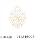 Minimalist beige line art emblem featuring a sun, crescent moon, star, flower, butterfly, and delicate laurel branches on a white background. 141846008