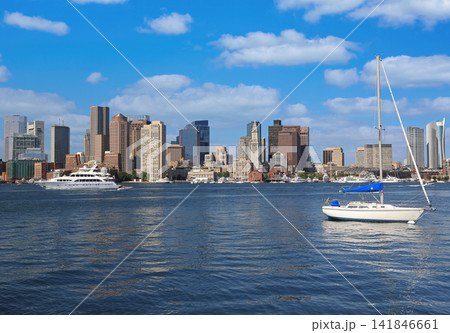 Boston skyline with sailing boat on the foreground, USA Boston skyline with sailing boat on the foreground, USA 141846661