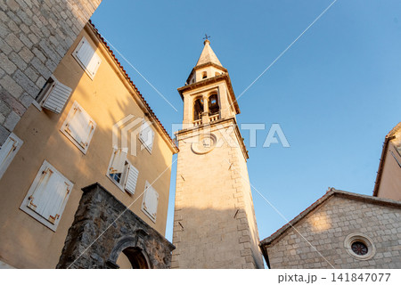 Fortress in Budva old town, tower stone landmark building landscape Montenegro 141847077