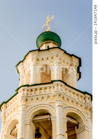 Orthodox cathedral church kirk with golden domes and crosses, exterior outside Orthodox cathedral church kirk with golden domes and crosses, exterior outside 141847149