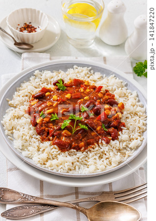 Picadillo Vegetariano con Frijoles on a plate Picadillo Vegetariano con Frijoles on a plate 141847220