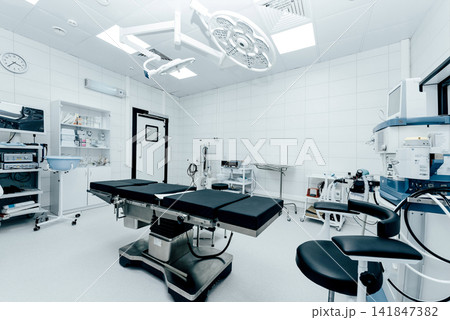 Empty Operating Room, Advanced Surgical Light, Medical Equipment Computer Screen Empty Operating Room, Advanced Surgical Light, Medical Equipment Computer Screen 141847382