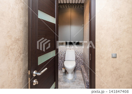 Simple bathroom interior in residential building, toilet design hotel apartment 141847408