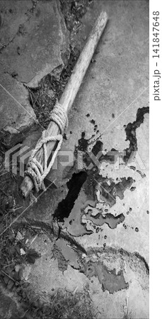Stone axe with red blood Stone axe with red blood 141847648
