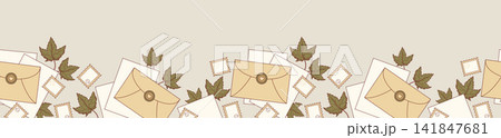 Vintage Mail Seamless Border. Ribbon Pattern with Craft Envelopes, Wax Seal and Papers on Beige Background. Artisan Letter Writing. Slow living. Footer with Copy Space. Horizontal Vector Illustration. 141847681