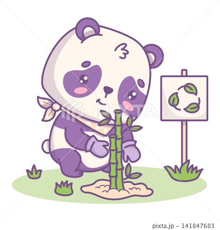 Cute Kawaii Eco Activist Panda Planting Bamboo Tree Near Sign With Recycling Leaves Symbol. Funny Cartoon Bear Character. Earth Day Nature Care Concept. Vector Illustration. Cute Kawaii Eco Activist Panda Planting Bamboo Tree Near Sign With Recycling Leaves Symbol. Funny Cartoon Bear Character. Earth Day Nature Care Concept. Vector Illustration. 141847683