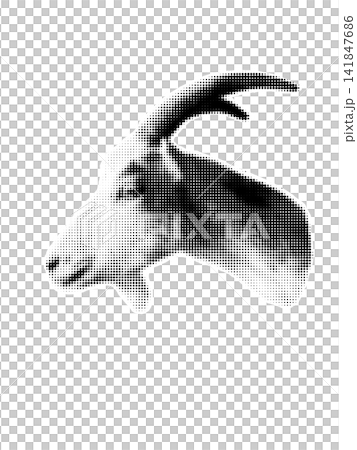 Halftone goat head isolated on a transparent background, vintage dotted illustration for farm, animal, and rustic design themes. Halftone goat head isolated on a transparent background, vintage dotted illustration for farm, animal, and rustic design themes. 141847686