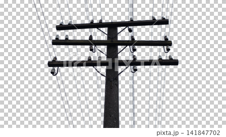 Old weathered utility pole with power lines and insulators PNG , isolated on transparent background Old weathered utility pole with power lines and insulators PNG , isolated on transparent background 141847702