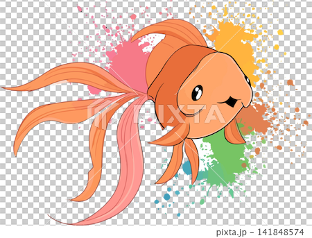 A vibrant goldfish swims amidst a colorful splash background. A vibrant goldfish swims amidst a colorful splash background. 141848574