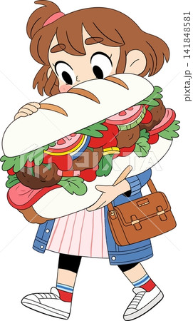 A cheerful young girl playfully hides behind a giant hamburger. 141848581