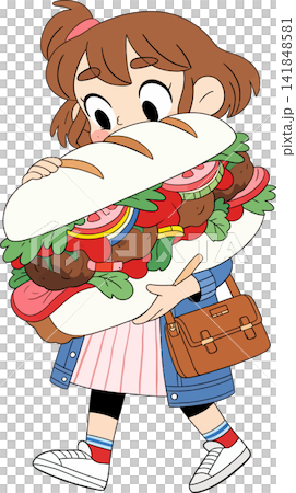A cheerful young girl playfully hides behind a giant hamburger. 141848581