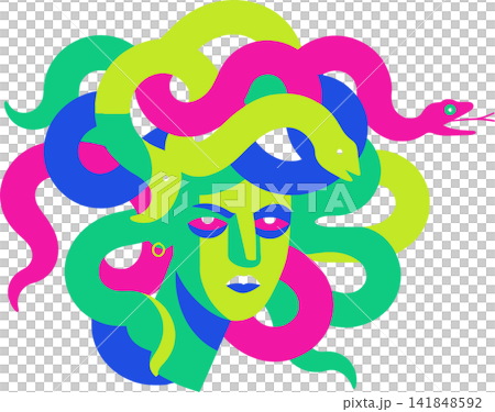 A stylized portrait of a woman surrounded by vibrant, swirling snakes. A stylized portrait of a woman surrounded by vibrant, swirling snakes. 141848592