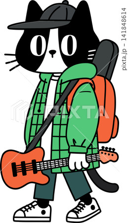 A stylized illustration of a cat playing a guitar. A stylized illustration of a cat playing a guitar. 141848614