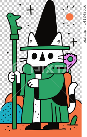 A whimsical illustration of a green cat wizard. 141848616