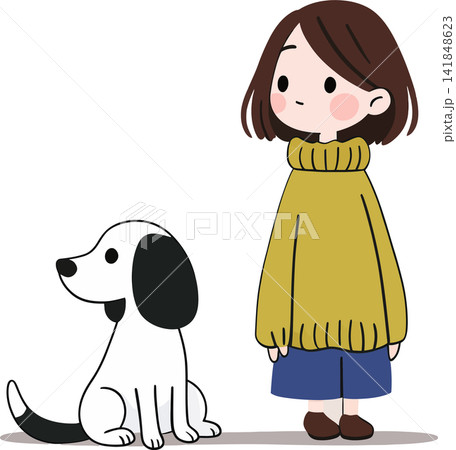 A young girl and her dog stand side-by-side in a simple, heartwarming illustration. A young girl and her dog stand side-by-side in a simple, heartwarming illustration. 141848623