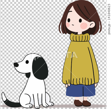 A young girl and her dog stand side-by-side in a simple, heartwarming illustration. A young girl and her dog stand side-by-side in a simple, heartwarming illustration. 141848623