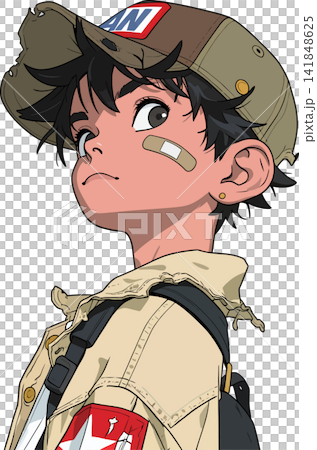 A young boy with a slightly distressed expression wears a military-style cap and jacket, hinting at an adventurous, perhaps slightly clumsy, situation. A young boy with a slightly distressed expression wears a military-style cap and jacket, hinting at an adventurous, perhaps slightly clumsy, situation. 141848625