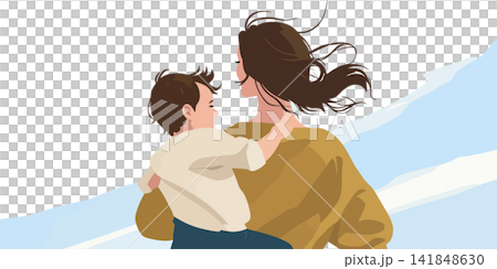 A mother and child silhouetted against a breezy sky. 141848630