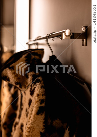 Cozy clothes hang on a wall-mounted rail in warm window light, creating a moody wardrobe scene with soft shadows, rich textures and autumn fashion. Cozy clothes hang on a wall-mounted rail in warm window light, creating a moody wardrobe scene with soft shadows, rich textures and autumn fashion. 141848651