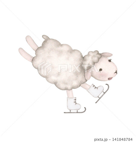 A funny sheep skating, done in watercolor in a vintage style. Hand-painted illustration isolated on a white background. For printing on cards, invitations, children's textiles, and New Year's A funny sheep skating, done in watercolor in a vintage style. Hand-painted illustration isolated on a white background. For printing on cards, invitations, children's textiles, and New Year's 141848784