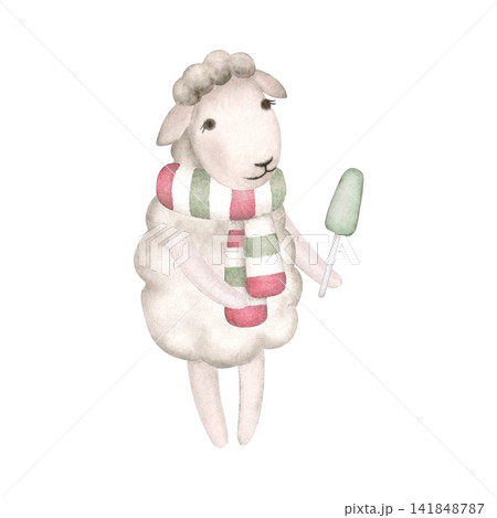 A funny sheep with ice cream and a Christmas scarf, done in watercolor in a vintage style. Hand-painted illustration isolated on a white background. For printing on cards, invitations, children's A funny sheep with ice cream and a Christmas scarf, done in watercolor in a vintage style. Hand-painted illustration isolated on a white background. For printing on cards, invitations, children's 141848787