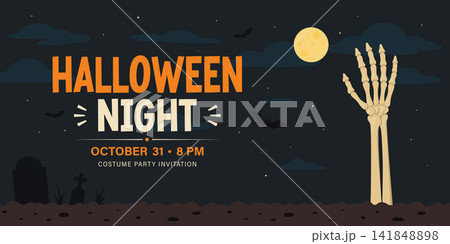 Halloween Night Banner with Skeleton Hand, Cartoon Vector Illustration. Spooky Horror Poster Template with Full Moon, Bats and Dark Sky for Party Invitation Halloween Night Banner with Skeleton Hand, Cartoon Vector Illustration. Spooky Horror Poster Template with Full Moon, Bats and Dark Sky for Party Invitation 141848898