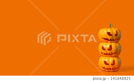 Stacked Scary Halloween Pumpkins on Bright Orange Background 3d render. 141848925