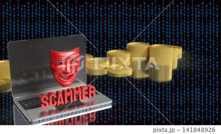 Online Scammer Hiding Behind Digital Mask and Laptop 3d render. 141848926