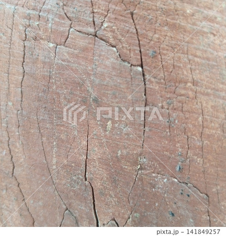 Extreme close up detail of reddish brown deeply cracked and rough wooden texture surface on an outdoor tree trunk bark 141849257