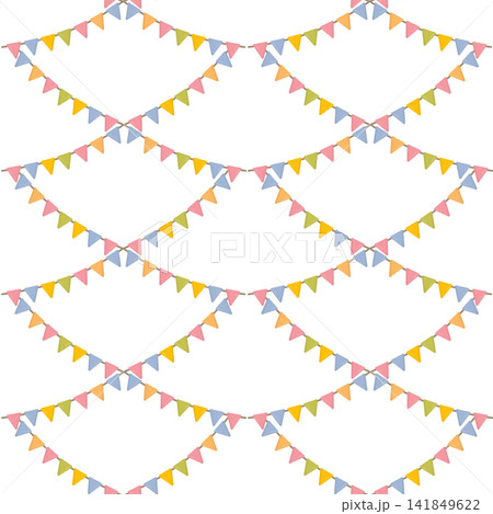 Seamless colorful pattern of garlands of flags. Flat style vector illustration with triangular flags for festive gift wrapping, nursery textiles, invitations, posters, and party room decor. Seamless colorful pattern of garlands of flags. Flat style vector illustration with triangular flags for festive gift wrapping, nursery textiles, invitations, posters, and party room decor. 141849622