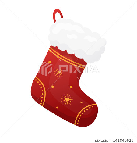 Red Christmas stocking with soft white cuff, hanging loop, golden starburst ornaments, dotted trim, festive holiday sock in a clean cartoon vector style for winter greeting cards, posters, invitations Red Christmas stocking with soft white cuff, hanging loop, golden starburst ornaments, dotted trim, festive holiday sock in a clean cartoon vector style for winter greeting cards, posters, invitations 141849629