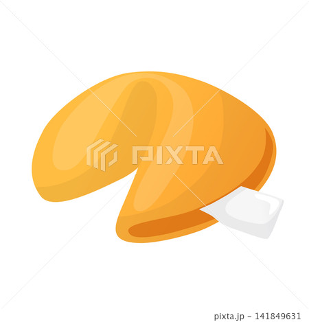 Golden fortune cookie with paper slip, folded crescent shape, warm orange shading, clean cartoon vector illustration for Chinese New Year greetings, restaurant menus, predictions, luck themed designs Golden fortune cookie with paper slip, folded crescent shape, warm orange shading, clean cartoon vector illustration for Chinese New Year greetings, restaurant menus, predictions, luck themed designs 141849631