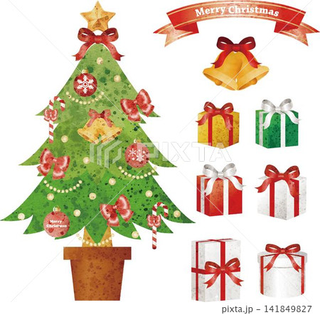 クリスマス クリスマスツリー 水彩 飾り 装飾 あしらい プレゼント デザイン イラスト素材セット クリスマス クリスマスツリー 水彩 飾り 装飾 あしらい プレゼント デザイン イラスト素材セット 141849827