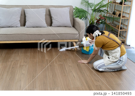Asian adult woman vacuum hardwood floor daily clean routine living room home maintenance household chores domestic life Asian adult woman vacuum hardwood floor daily clean routine living room home maintenance household chores domestic life 141850493