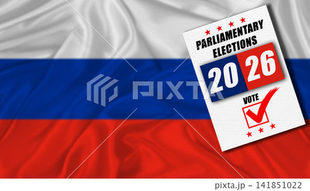 Russia parliamentary elections with flag in the background. Ballot on a Russian flag, concept 141851022