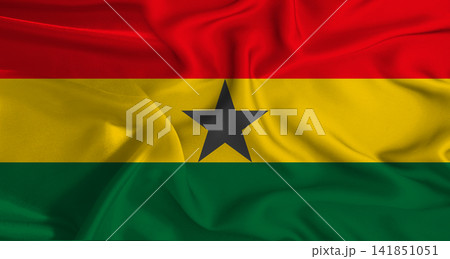Colorful flag of Ghana with a silky fabric texture waving. Realistic Ghana flag waving Colorful flag of Ghana with a silky fabric texture waving. Realistic Ghana flag waving 141851051