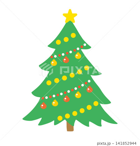 クリスマスツリーのイラスト かわいい星とオーナメント飾りの冬素材 141852944