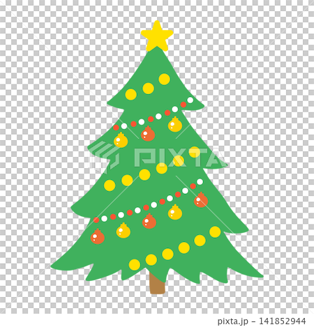 クリスマスツリーのイラスト かわいい星とオーナメント飾りの冬素材 141852944