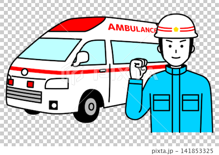 An ambulance and a male paramedic making a victory pose. An ambulance and a male paramedic making a victory pose. 141853325