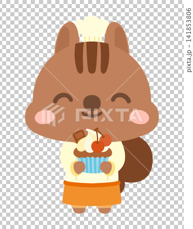 An illustration of a pastry chef squirrel holding a cake. 141853806