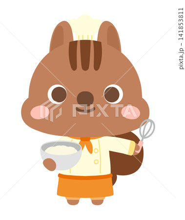 ボールと泡立て器を持つパティシエりすのイラスト ボールと泡立て器を持つパティシエりすのイラスト 141853811