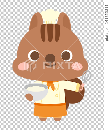 ボールと泡立て器を持つパティシエりすのイラスト ボールと泡立て器を持つパティシエりすのイラスト 141853811