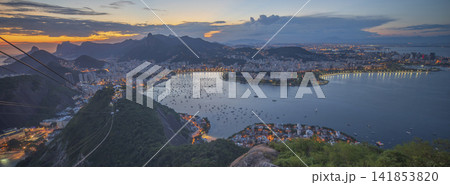 Evening lights of Rio de Janeiro from Sugarloaf Mountain, panoramic Brazil cityscape in blue hour with copy space 141853820