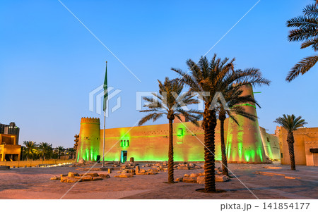Historic Al Masmak Fort illuminated at dusk in Riyadh Historic Al Masmak Fort illuminated at dusk in Riyadh 141854177