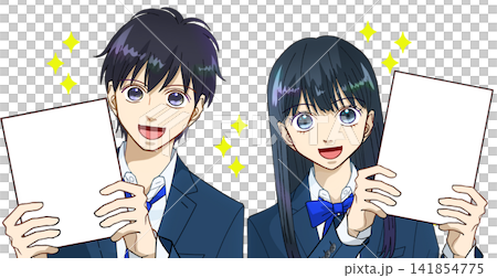 Anime-style illustration of high school or junior high school boys and girls rejoicing about their improved grades, white background Anime-style illustration of high school or junior high school boys and girls rejoicing about their improved grades, white background 141854775